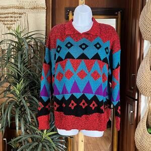 Vintage 90s Southwest Sweater L | Red Blue Aztec Geometric Knit Boho Western USA